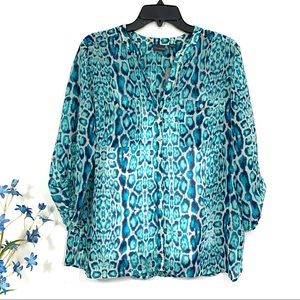 Covington Petite Women's Blue White Aqua V-Neck Button Down 3/4 Sleeve Blouse